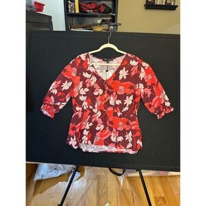 Harve Benard Floral Print V Neck Tie Front Peplum Blouse XL Vibrant Preppy Chic